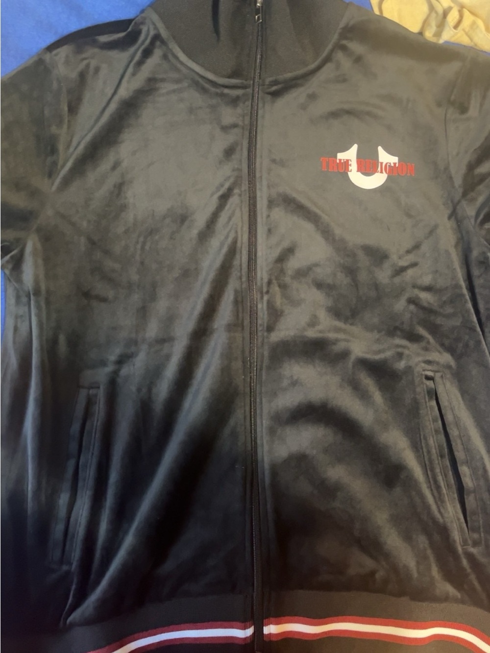 True Religion Black Velour Bomber Jacket with Red Logo